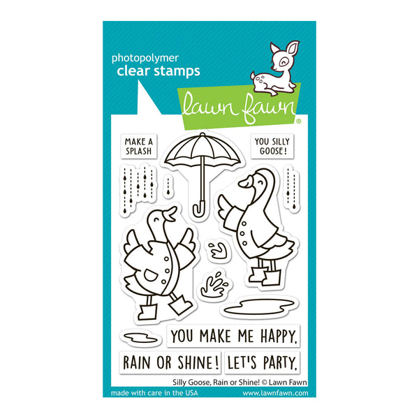 Lawn Fawn photopolymer clear stamps with duck and goose illustrations on a blue and white background.