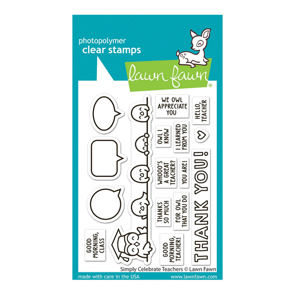 Lawn Fawn photopolymer clear stamps set with owl-themed designs on a blue background