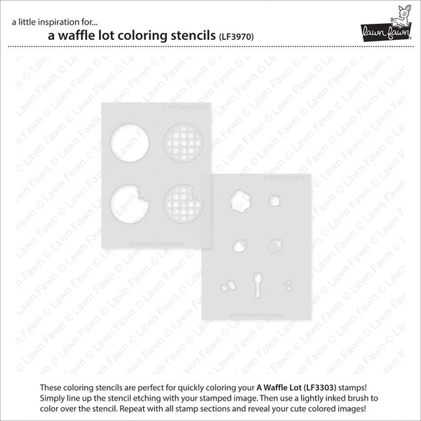 Waffle Lot coloring stencils on a white background with text and branding.