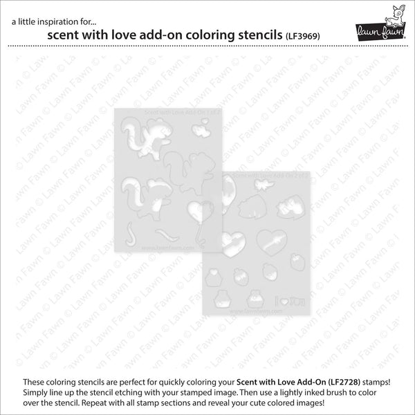Two coloring stencils with animal designs on a white background, featuring the brand 'Lawn Fawn'.