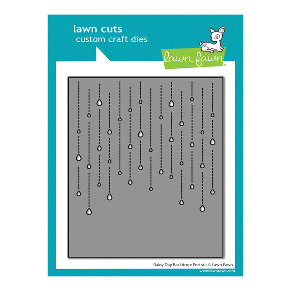 Lawn Cuts custom craft die set with raindrop design on a gray background, branded 'Lawn Fawn'.