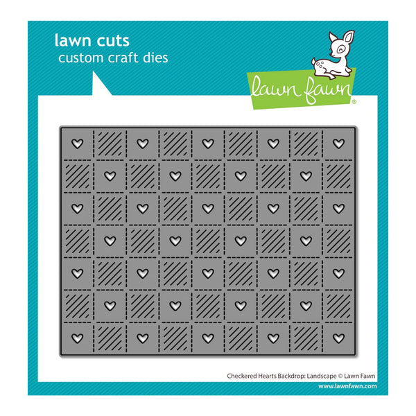 Lawn Cuts custom craft die with checkered hearts design on a blue border with Lawn Fawn branding.