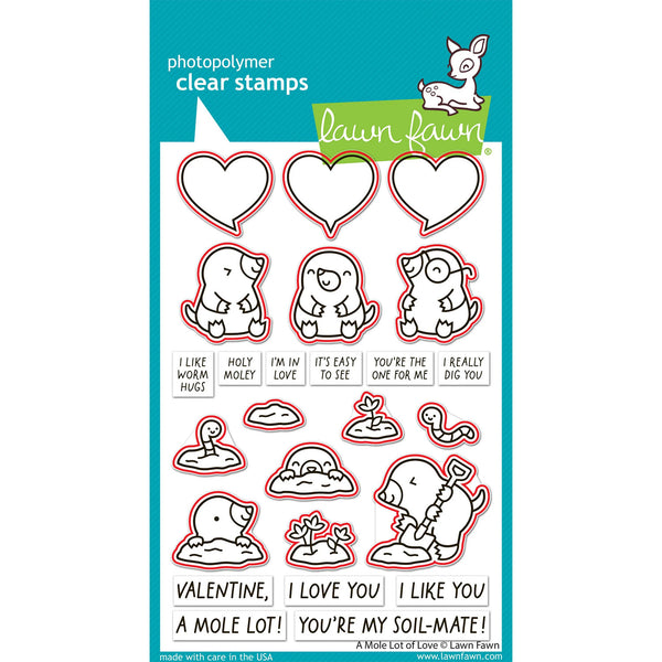 Packaging of lawn fawn clear stamps with cartoon moles and text on a white background