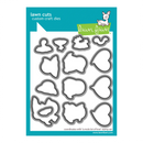 Set of metal craft dies with heart and animal shapes on a blue cardstock with 'lawn fawn' branding.