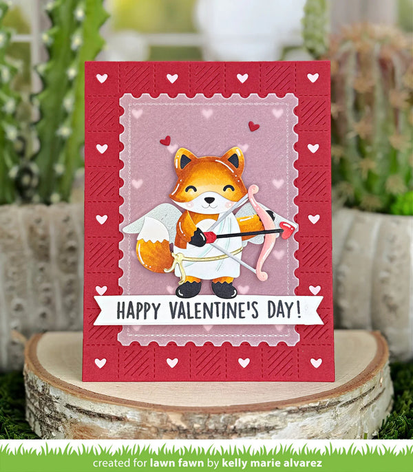 Valentine's Day card with a fox character holding a bow and arrow, surrounded by hearts on a red border.