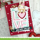 Valentine's Day card with a bunny holding a heart and 'LOVE' text on a red background.
