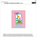 Product packaging for 'postage rectangle stackables' with a pink border and cartoon design.