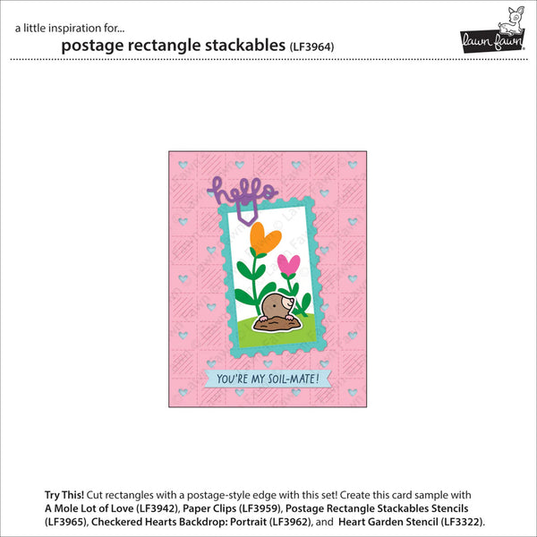Product packaging for 'postage rectangle stackables' with a pink border and cartoon design.