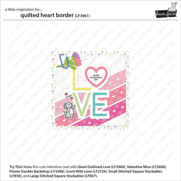 Quilted heart border design with colorful text and graphics on a white background