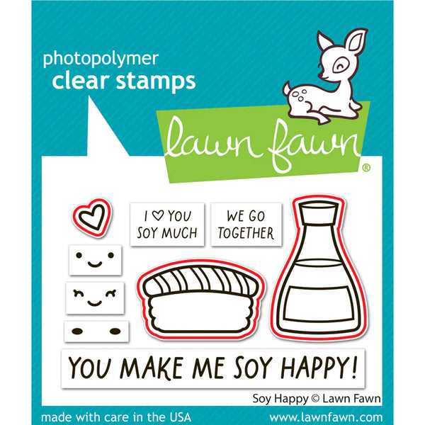 Lawn Fawn photopolymer clear stamps set with cartoon deer and food-themed stamps on a blue background.