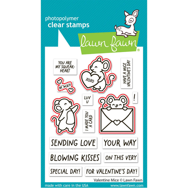 Clear stamps with Valentine-themed designs on a blue and white background