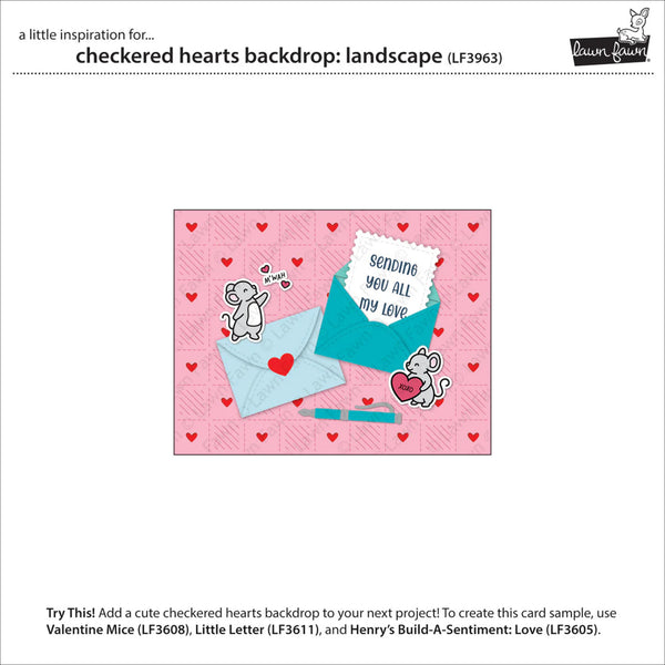 Checkered hearts backdrop with cartoon mice and envelopes on a pink background