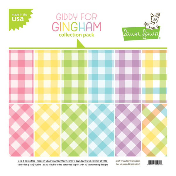 Giddy for Gingham collection pack by Lawn Fawn with colorful checkered patterns on a white background.