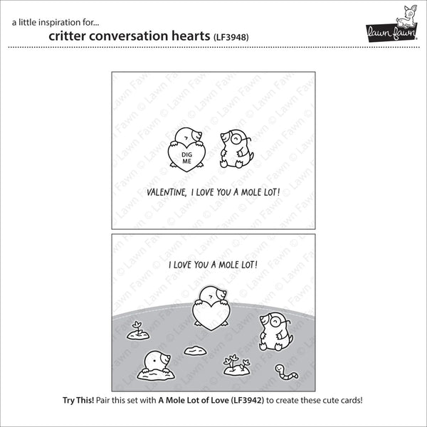 Illustrations of animals with hearts and text on a white background, featuring the brand 'Lawn Fawn'.