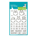 Clear stamps with animal illustrations and Valentine's Day text on a blue and white background