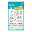 Lawn Fawn photopolymer clear stamps with Valentine's Day-themed designs on a blue card.