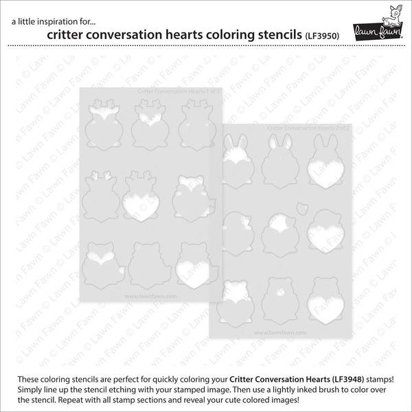 Two coloring stencils with animal shapes and hearts on a white background, featuring the brand 'Lawn Fawn'.