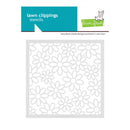 Floral stencil with 'lawn clippings' branding on a white background