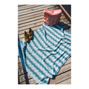 Blue and white striped blanket on a wooden deck with a pink bag and brown shoes.