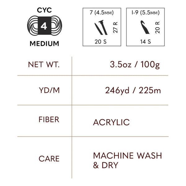 Yarn label with specifications including weight, length, fiber type, and care instructions.