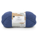 Blue skein of yarn with a label on a white background