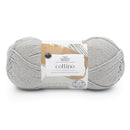 Gray skein of yarn with a label on a white background