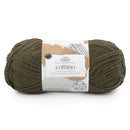 Ball of green yarn with a label on a white background