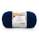 Blue skein of yarn with a label on a white background