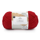 Red skein of yarn with a label on a white background
