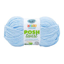 Light blue yarn ball with 'Cover Story Posh Twist' label on a white background