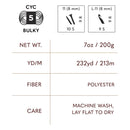 Yarn label with specifications including weight, length, fiber type, and care instructions.