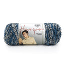 Blue and gray yarn skein with Lion Brand label on a white background