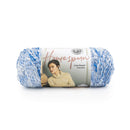 Blue and white yarn skein with Lion Brand label on a white background