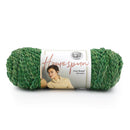 Green skein of yarn with Lion Brand Home Spun label on a white background