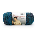 Blue skein of yarn with a Lion Brand label on a white background