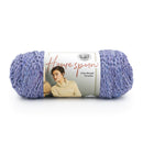 Ball of purple yarn with Lion Brand label on a white background