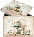 Decorative box with fairy tale design featuring a girl, mushroom, and bird.