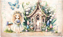 Fantasy scene with a girl, flower house, and butterfly, featuring Marianne Design.