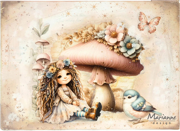 Illustration of a girl with flowers, a mushroom, and a bird with 'Marianne Design' branding.