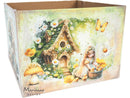 Decorative box with fairy tale design featuring a girl, mushroom, and flower house.