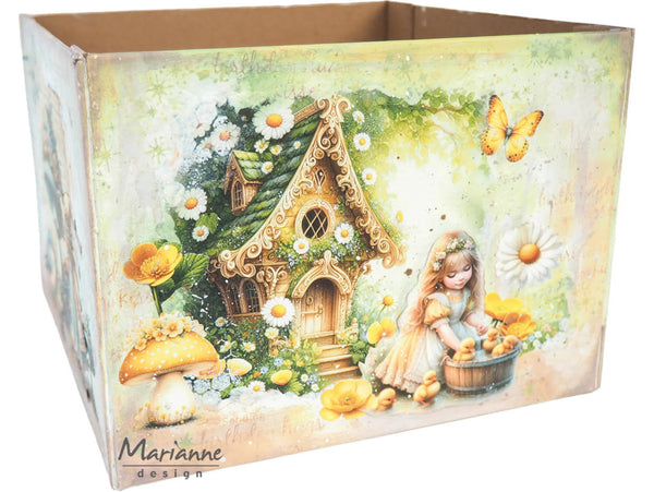 Decorative box with fairy tale design featuring a girl, mushroom, and flower house.