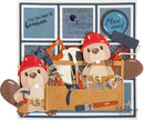 Card with cartoon beavers wearing construction hats and tool box, tools around them, and text 'Op jou kan ik bouwen' and 'Man card'.