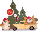 Decorative scene with beavers, a truck, and Christmas trees on a white background