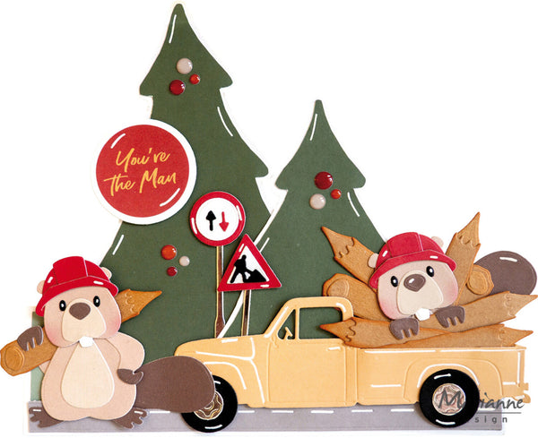 Decorative scene with beavers, a truck, and Christmas trees on a white background