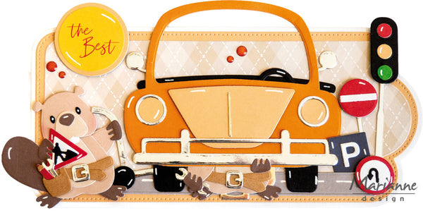 Illustration of a car with traffic lights, road signs, and a bear character on a beige background.