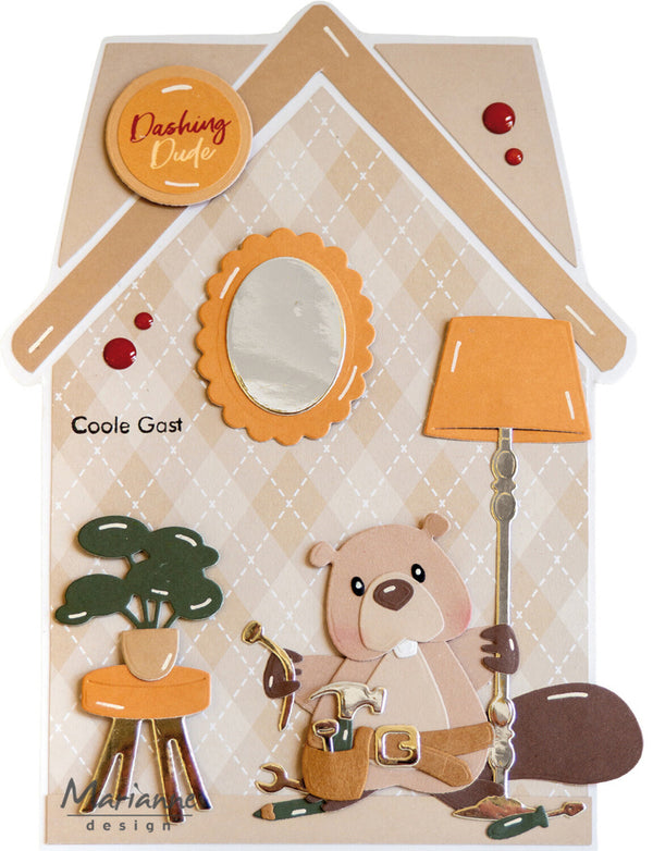 Decorative card with a beaver holding tools, lamp, mirror, and plant inside a house-shaped frame.