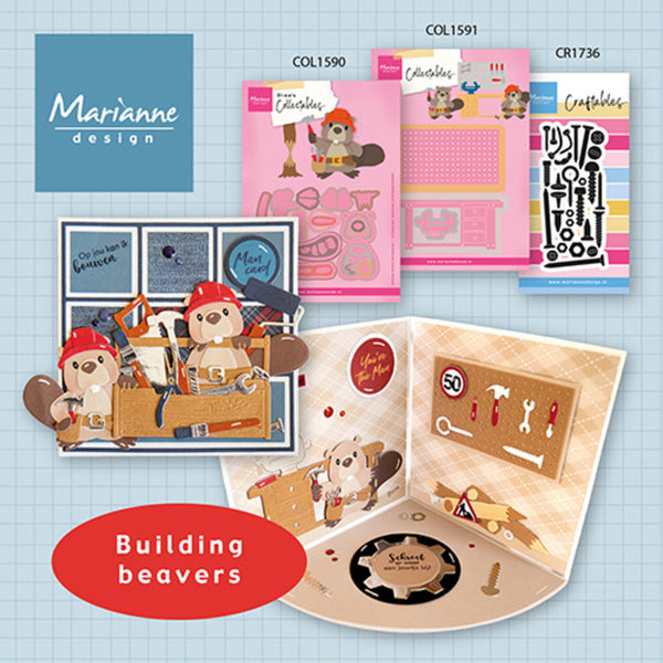 Marianne Design craft kit with building beavers theme on a blue grid background