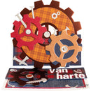 Card with mechanical gear design and 'van harte' text on a white background