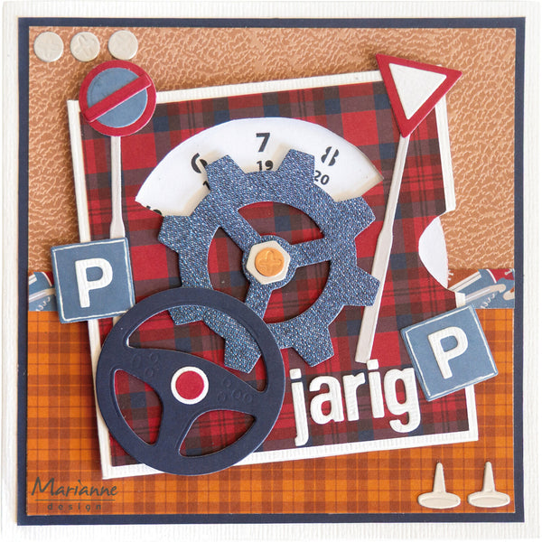 Decorative card with gears, signs, and plaid pattern on a brown background