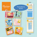 Marianne Design Teachers' Gifts collection with colorful memo pads and stationery items on a checkered background.